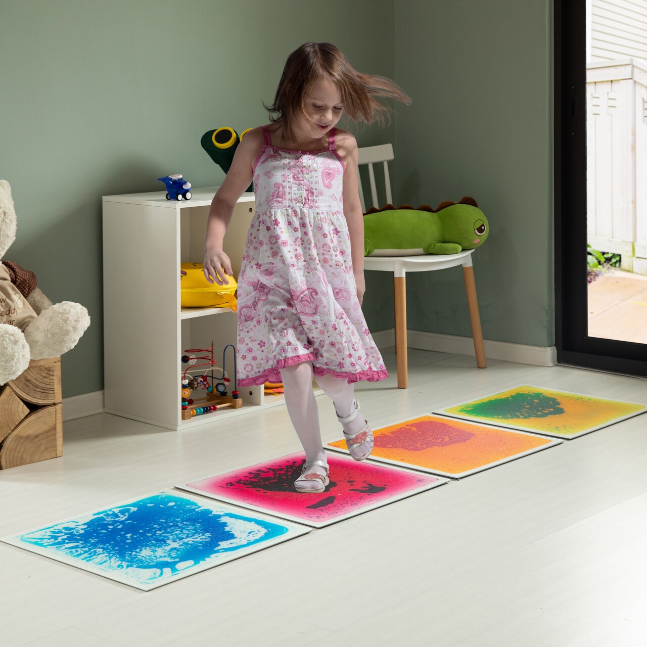 Sensory Liquid Gel Floor Square Tiles, 19.5 x 19.5 Inch Red Orange White Green Pink Purple Yellow Blue Kids Floor Mat, 4 Pack
